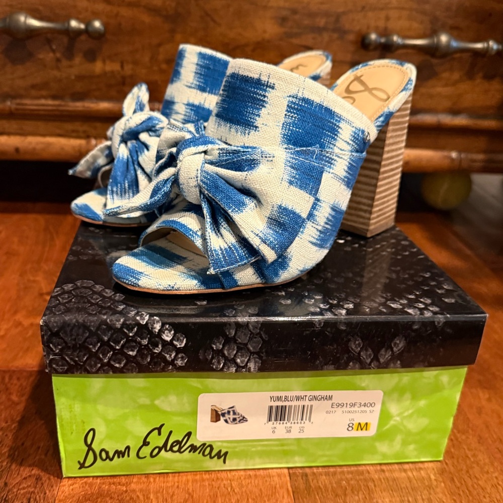Sam Edelman Blue and White Checkered Heeled Sandals